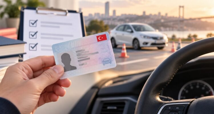 Ehliyet alma sürecini temsil eden sürücü belgesi ve direksiyon görseli