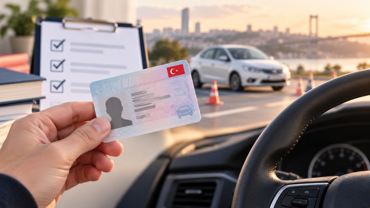 Ehliyet alma sürecini temsil eden sürücü belgesi ve direksiyon görseli