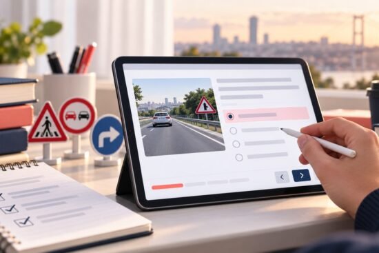 Ehliyet e-sınavı soru ekranı ve trafik işaretleri