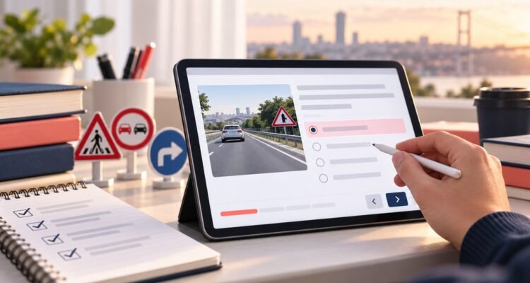 Ehliyet e-sınavı soru ekranı ve trafik işaretleri