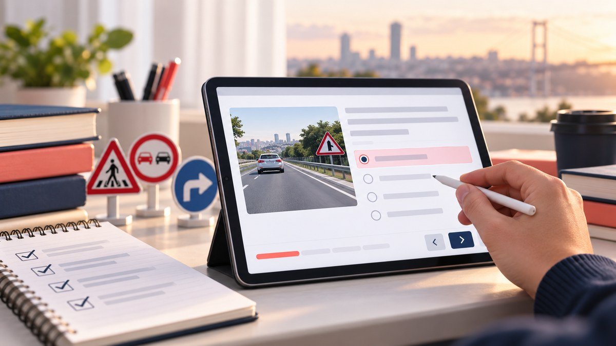 Ehliyet e-sınavı soru ekranı ve trafik işaretleri